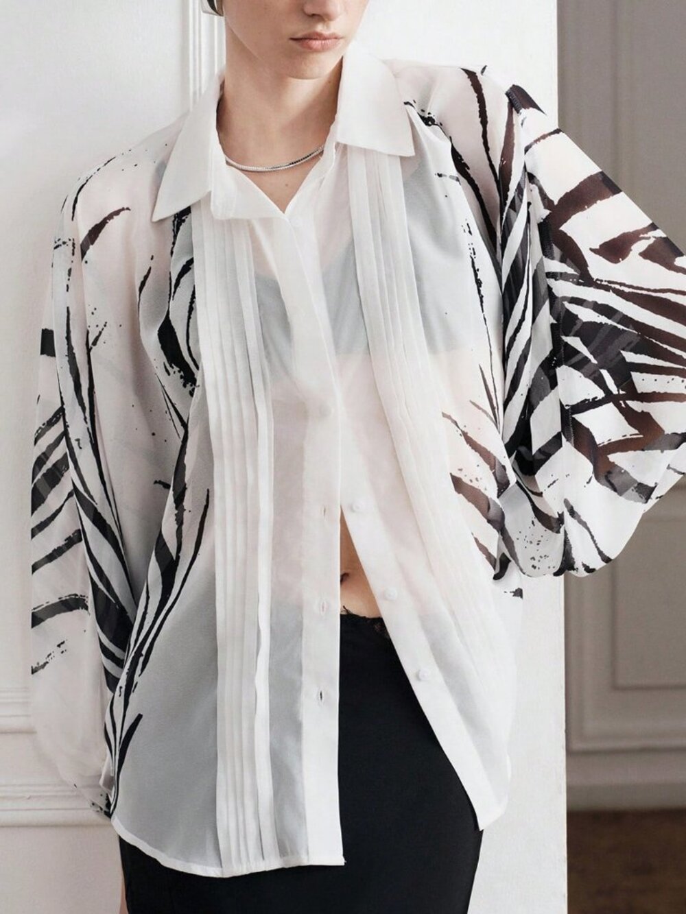 Multicolor Elegant Women's Chiffon Ruffle Long Sleeve Zebra Print Shirt